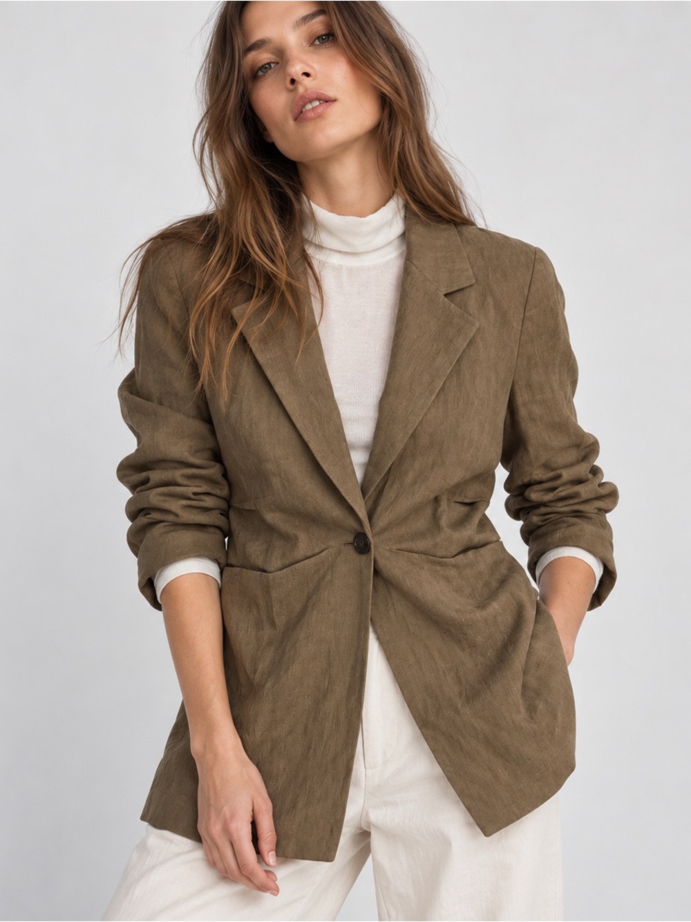 Zara 100% Linen Single Button Blazer Size M Brown